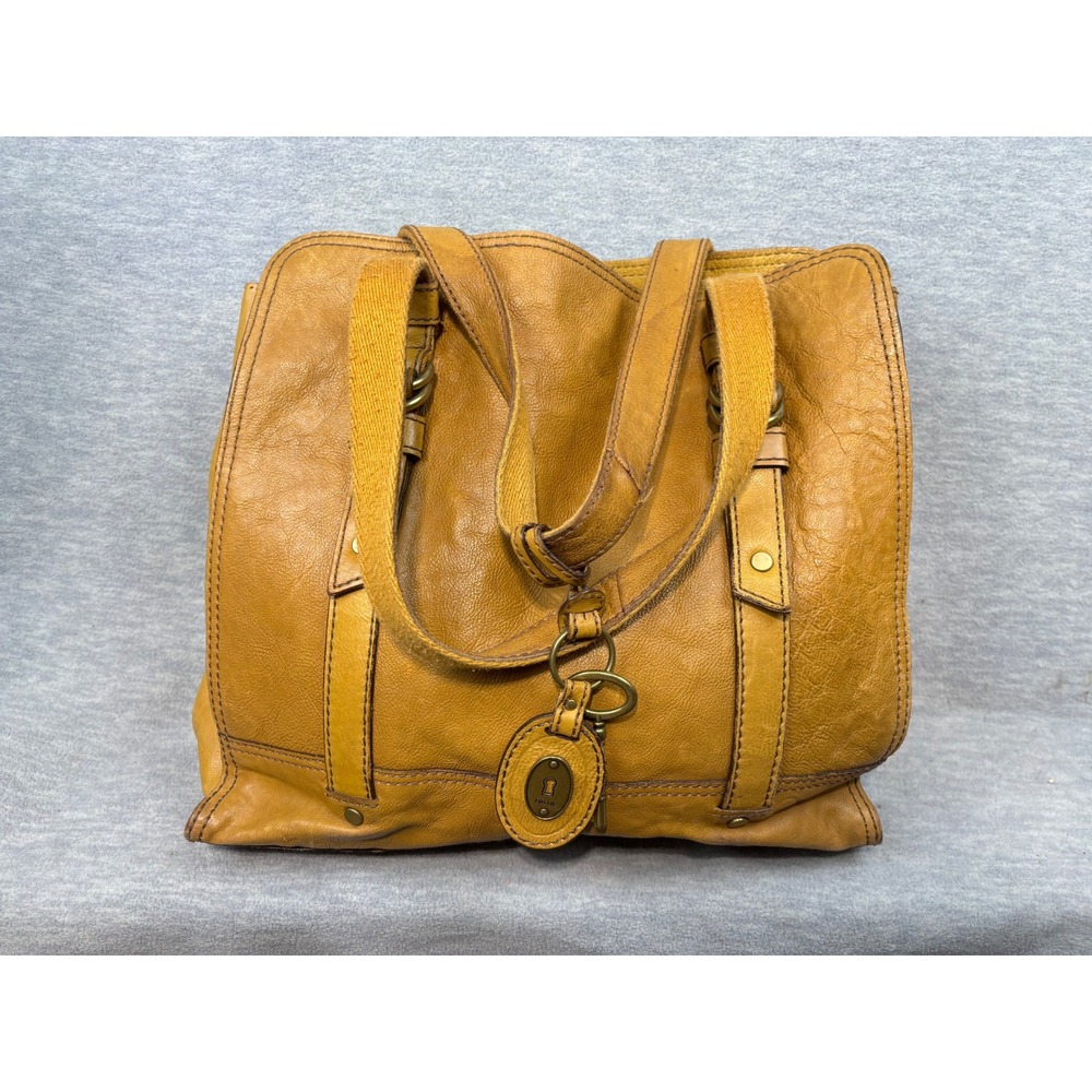 Vintage Fossil Mustard Yellow Pebbled Leather Tote Bag Brass Key Charm Boho
